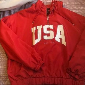 Red, sporty, wore a couple times, Swiss sound material.